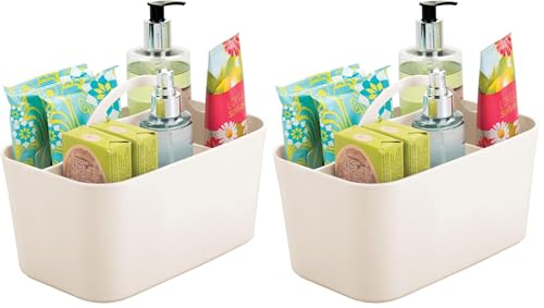 mDesign Small Plastic Shower/Bath Storage Organizer Caddy Tote with Handle for Dorm, Shelf, Cabinet - Hold Soap, Shampoo, Conditioner, Combs, Brushes, Lumiere Collection, Cream/Beige (Pack of 2)