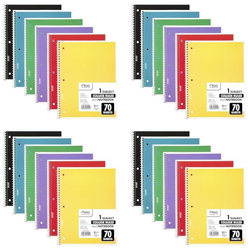 Mead Spiral Notebook, 1 Subject, College Ruled Paper, 7-1/2" x 10-1/2", 70 Sheets per Notebook, Colors Will Vary (73065) (Pack of 24)