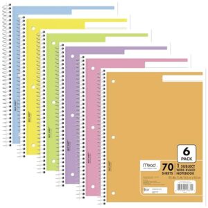 Mead Spiral Notebook, 6 Pack, 1 Subject, Wide Ruled Paper, 7-1/2" x 10-1/2", 70 Sheets per Notebook, Assorted Pastel Colors (930050-ECM)