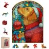 MEATRN Christmas Jigsaw Puzzles for Adults - Dog with Santa Hat 202 Pcs Unique Shaped Holiday Wood Puzzle with Wooden Storage Box, Festive Family Game Night for Art Lovers 8.9x12 Inch