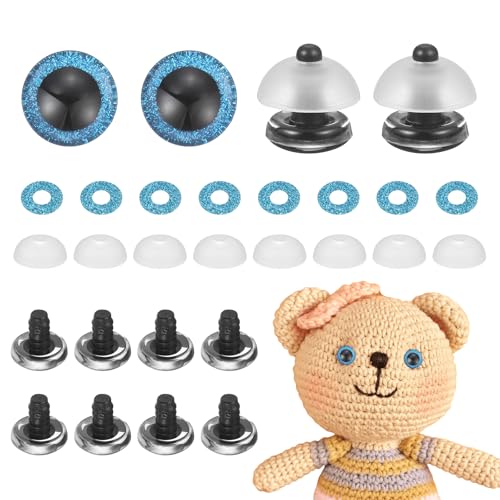 MECCANIXITY 12 Pcs Glitter Safety Eyes, 16mm Plastic 3D Crochet Doll Eyes with Washers and Drawstring Bag for Puppet Bear DIY Crafts Stuffed Animals Making Supplies, Blue