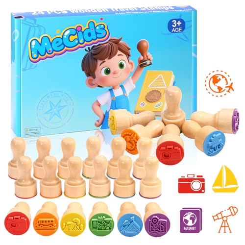 MeCids Kids Wooden Travel Stamps, 24 PCS Holiday Travel Stamps Kids Birthday Gift Party Favors Classroom Rewards Art Projects Carnival Prizes for Boys Girls
