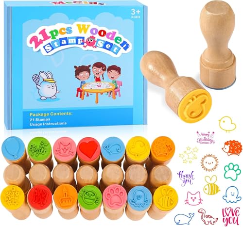 MeCids Stamps for Kids, 21Pcs Wooden Stamp Set - Animal Stamps Star Rainbow Cute Pattern Stamp for Kids Birthday Gift Party Favor Carnival Prizes, Kid Art Projects
