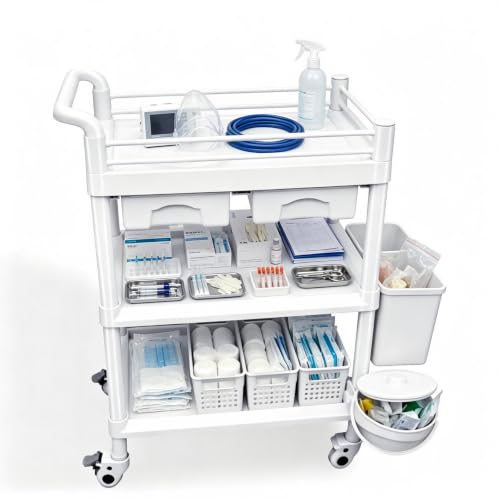 Medical Trolley Cart with 2 Drawers and 3 Tiers, Rolling Utility Cart for Beauty Salon Hospital Clinic, Medical Cart with Wheels and Lockable Casters, ABS Storage Cart with Side Trash Bucket