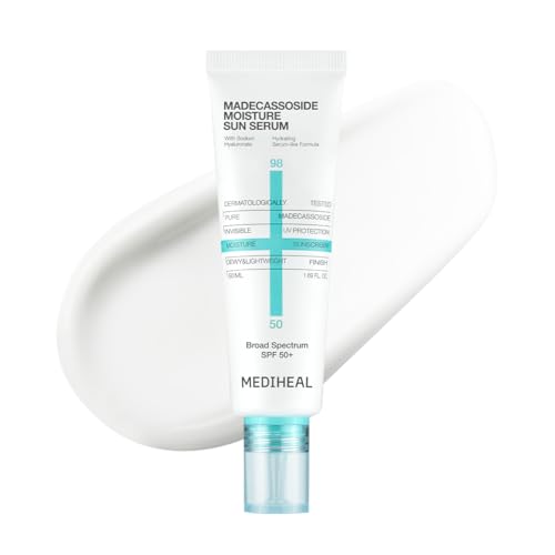 MEDIHEAL Madecassoside Moisture Sun Serum SPF 50+, Hydrating Korean Sunscreen for Face, Lightweight Serum Texture, No White Cast, Soothing & Dewy Glow Finish, Broad Spectrum UVA/UVB, 1.69 fl oz