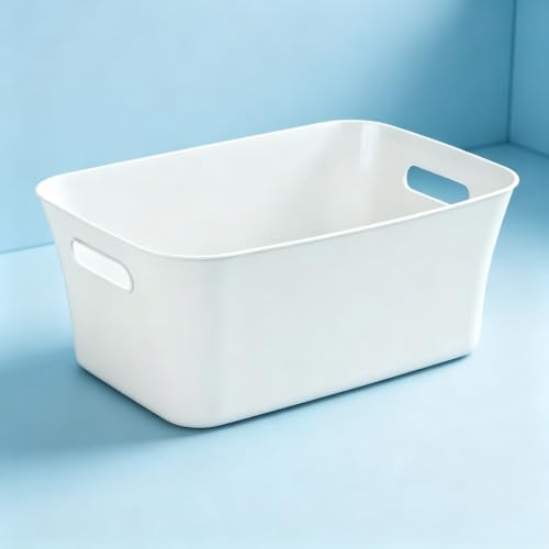 Medium Open Storage Bin with Handles, Versatile Plastic Organizer Basket for Home, Office, Closet & Pantry, Decorative White Shelf Bin for Cube Storage, 13.75" L x 9.5" W x 5.75" H