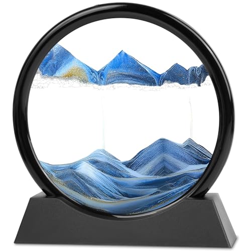 Meeitec Moving Sand Art, 3D Liquid Motion Deep Sea Sandscape Color Quicksand Decor, Round Glass Flowing Circle Sand Art Sandscapes Picture, Relaxing Desktop Home Office Work Decor, 7 inch Blue