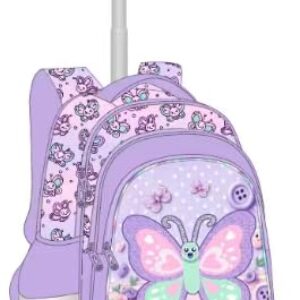 Meetbelify Rolling Backpack for Girls Butterfly Backpack with Wheels Kids Purple Roller Suitcase Travel Luggage for Elementary Student Ages 6-8