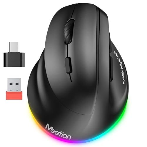MEETION Left-Handed Ergonomic Mouse,Vertical RGB Mouse, Bluetooth 5.2 & 3.0 + 2.4G USB-A with USB-C Adapter, 4 Adjustable DPI Rechargeable Wireless Mouse for Windows/Mac/PC/Tablet/Black