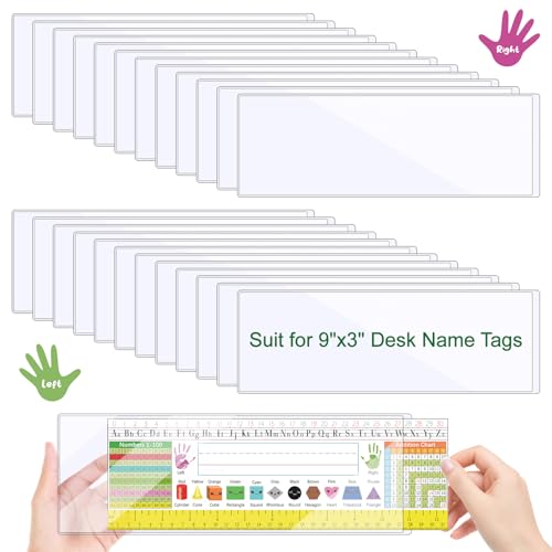 Meetory 25 Pieces 9.5” x 3.4” Clear Reusable Nameplate Pocket Upgraded Thickened Material Self-Adhesive Desk Name Tag- Covers for School Classroom Desk, Office Supplies, NOT Include Name Tags