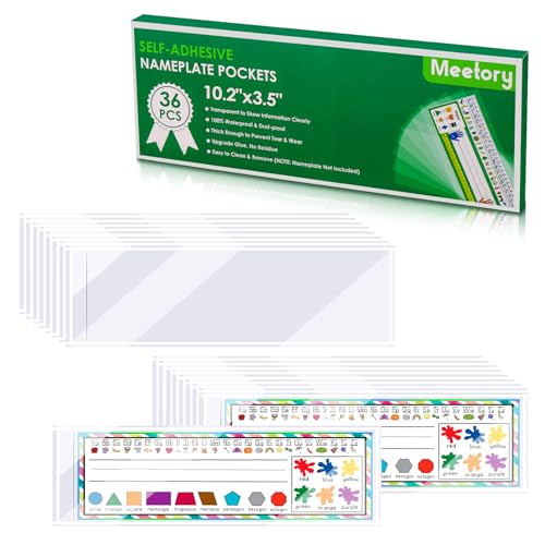 Meetory 36 PCS Upgraded Nameplate Pocket, 10.2''x 3.5'' Self Adhesive Desk Nameplates Name Tag Pocket,No Residue Clear Plastic View Name Tag Sleeves for Classroom Desk, Office Supplies (10.2 x 3.5'')