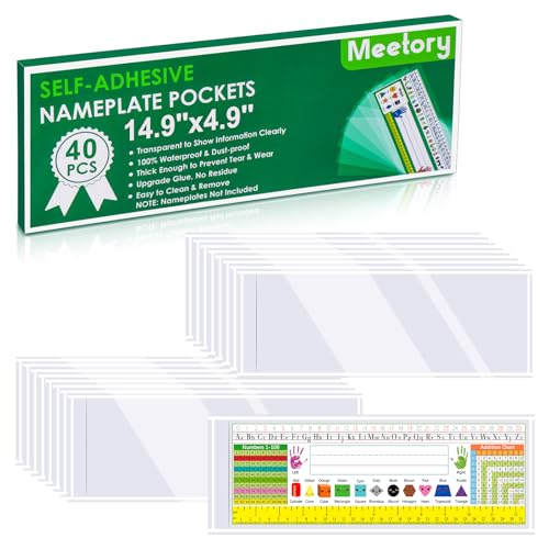 Meetory 40 PCS Nameplate Pocket - 14.9" x 4.9" Self Adhesive Desk Nameplates Name Tag- Pocket, No Residue Clear Plastic View Name Tag- Sleeves for Classroom Desk, Office Supplies.