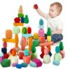 MEGRANATE 58PCS Montessori Wooden Stacking Rocks Toys Colorful Stacking Stones Building Blocks Games Sensory Toy for Toddlers Educational Learning Toys for 3+ Years Old Kids