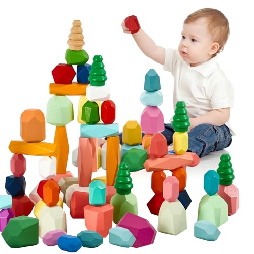 MEGRANATE 58PCS Montessori Wooden Stacking Rocks Toys Colorful Stacking Stones Building Blocks Games Sensory Toy for Toddlers Educational Learning Toys for 3+ Years Old Kids