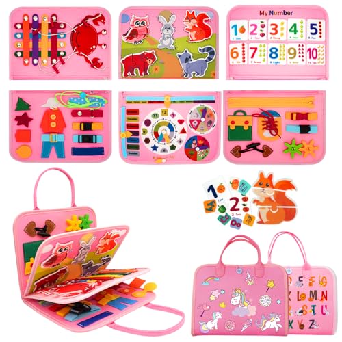 MEGRANATE Montessori Busy Board, Baby Busy Book Educational Learning Toys for Toddlers Quiet Book Activity Books Fine Motor Skills Toys for 3+ Year Old Kids (Pink)