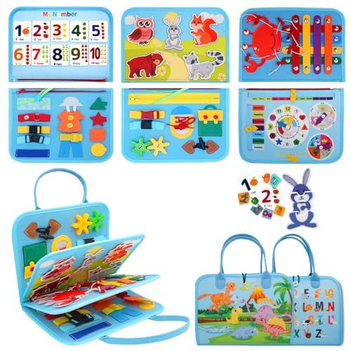 MEGRANATE Montessori Busy Board, Baby Busy Book Educational Learning Toys for Toddlers Quiet Book Activity Books Fine Motor Skills Toys for 3+ Year Old Kids (Blue)
