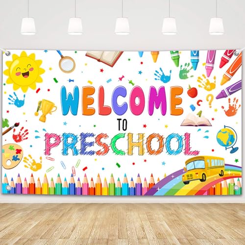 MEHOFOND Welcome to Preschool Banner Colorful Back to School Kids Classroom Party Decorations First Day in Preschool Kindergarten Photography Background Photo Studio 6x3.6ft
