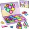 MEIQ 42-Piece Mini Magnetic Tiles Travel Set with Metal Storage Box - Portable STEM Building Blocks for Kids Ages 3-8, Montessori Educational Toys for Airplane & Car Rides, Gift for Boys & Girls