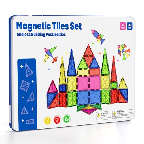 MEIQ Jumbo Magnetic Tiles with Secure Metal Case, 32 Pcs Large Magnetic Building Blocks for Kids 3-8, STEM Toys for Toddlers, Preschool Learning Montessori Toys, Age 3+ Boy Girl Gift