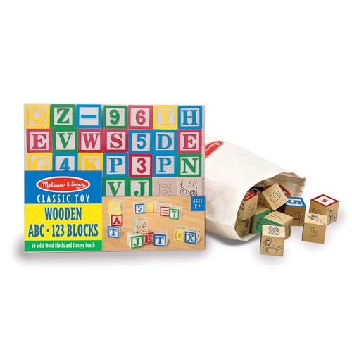 Melissa & Doug Deluxe Wooden ABC/123, 50-Piece Set of Classic Letter & Number Wooden Blocks (1” x 1”) with Storage Pouch, Sorting_& Stacking Toys for Kids Ages 2+ (Pack of 12)