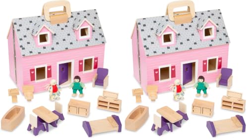 Melissa & Doug Fold & Go Wooden Dollhouse with 2 Dolls and 11 Pieces of Furniture - Portable Mini Doll House with Accessories and Toy Figures, Ages 3+ (Pack of 2)