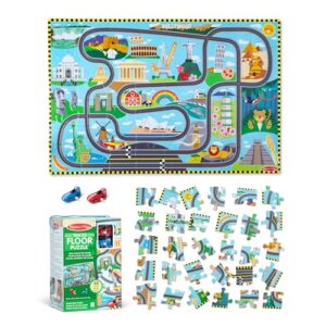 Melissa & Doug Race Around the World Tracks Cardboard Jigsaw Floor Puzzle and Wind-Up Vehicles (48 Pcs) for Preschoolers and Kids Ages 4+ (Pack of 6)