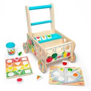 Melissa & Doug Wooden Shape Sorting Grocery Cart - Toddler Toys with 12 Blocks, Puzzle Board and Coffee Cup for Pretend Play and Montessori Toys - FSC Certified