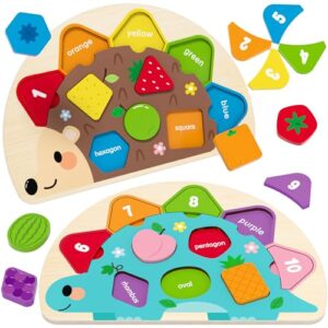 Melofaver Wooden Dinosaur and Hedgehog Puzzles, Toddler Puzzles Ages 1-3