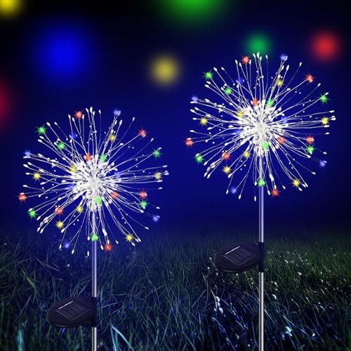 Melofo Solar Garden Lights Outdoor 2 Pcs 200 LEDs Upgrade Solar Fireworks Lamp with 8 Modes Waterproof Multicolor Dandelion Starburst Lights for Lawn Backyard Pathway Flowerbed Christmas Party