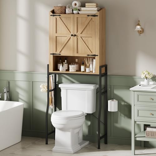 Memobarco Over The Toilet Storage Cabinet, Over Toilet Organizer with 2-Door & Metal Stand, Bathroom Organizers and Storage with Adjustable Shelves for Bathroom, Restroom, Laundry, Wood