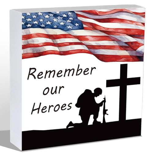 Memorial Day Decorations 4th of July Decorations Table Patriotic Fourth Red White and Blue Rustic Home Office Bathroom Desk Decor Wooden Sign Shelf Season Sign House Warming Gifts 5.9 x 5.9 Inch