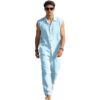 Men2 Piece Set Solid Lapel Athletic Shirt Matching Pants Outfit (Light Blue,L)