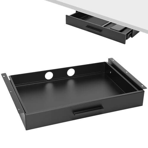 Menkxi 18 x 12 in Under Desk Drawer Slide out Storage Organizer Heavy Duty Metal Pull Handle Drawer for Standing Desk Mounted Sliding Under Table Organizer Tray for Laptop Paper Home Office