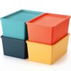 Menkxi 4 Pcs Large Colorful Storage Bins with Lid 10.6 x 7.5 x 4.7 Inch Plastic Storage Basket Stackable Storing Container Cute Decorative Box Cube Cubby Bin for Organizing Shelves Cabinet