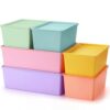 Menkxi 6 Pcs Plastic Storage Bins with Lids Stackable Storage Containers Durable Box Baskets for Organizing Shelves Playroom Classroom Office (Macaron Color,Large and Small)