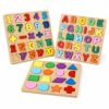 Menolana Wooden Set Letter Puzzle Number Shape Kids Child Easy to Grasp Pieces Suitable for Age Daycare playroom, 3-piece Set: Numbers + Uppercase Letters + 16 Shapes