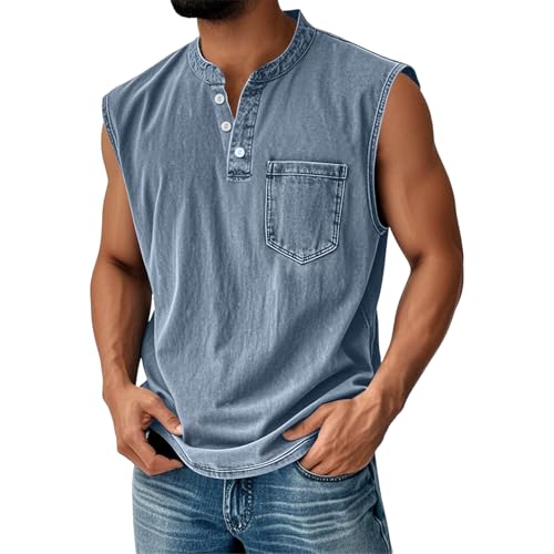 Mens Henley Shirt Breeze Sleeveless Tank Tops Vintage Denim Henley Casual Button Blouse with Pockets Casual Workout Tee Tops Distressed Washed Lightweight Muscle Shirt(B-Light Blue,M)
