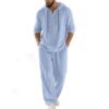 Men's Linen Hooded 2 Piece Set, Casual Loose Long Sleeve Top and Pants (Blue,Small)