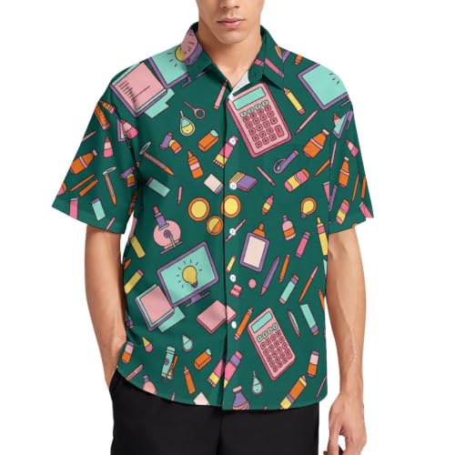 Men's Pink Purple Yellow Red Blue Science Tool Button Down Shirt,Camp Collar Short Sleeve Collared Button Up Shirts Geometric Print Beach Style Casual Tops with Pocket 4X-Large