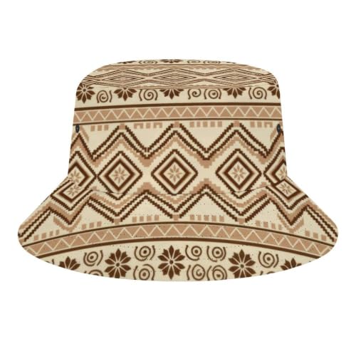 Men Women Sepia Floral Strip Border Tiered Diamond Triangle Navajo Tribal Bucket Hat Packable Foldable Summer Protection Durable Quick Twill Travel Gardening Outdoor Fisherman Cap