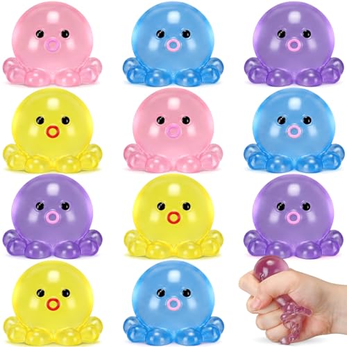 Meooeck 12 Pack Octopus Stress Balls for Adults Stress Relief Balls Cute Sensory Fidget Toys Bulk Funny Soft Squeeze Ball for Anxiety Autism ADHD Birthday Party Favors Gift Office