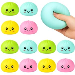 Meooeck 12 Pcs Cute Dumpling Stress Balls for Adults Steamer Basket Design and Squeezable Bun with Cute Smile Face Sensory Fidget Balls for Christmas Basket Stuffers Gifts Party Office Stress Relief