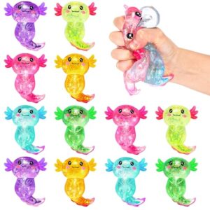 Meooeck 12 Pcs Mini Axolotl Stress Relief Balls Stretchy Salamander Fidget Sensory Items for Adults Soothing Office Stress Relief Back to School Birthday Party Favors(Glitter Style,Plastic)