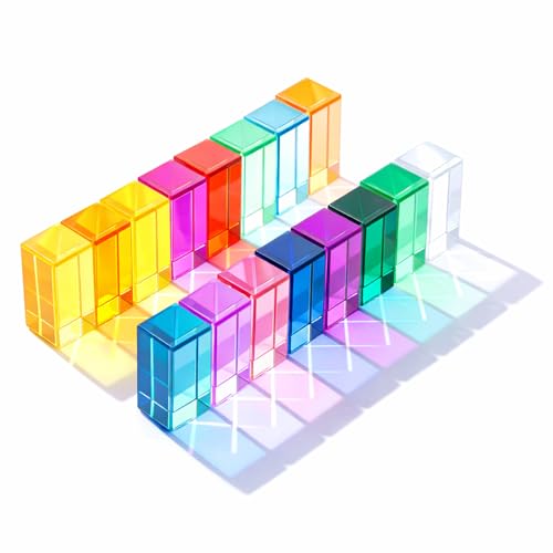 Meooeck 16 Pcs Rainbow Rectangular Acrylic Blocks, Translucent Colored Gem Blocks Building Stacking Sensory Train Prims Toys for Toddler Kids Montessori School Classroom Supplies