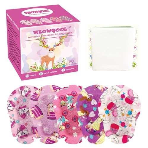 Meowgool Adhesive Eye Patches for Kids with Lazy Eye, 30+3 Bonus Patches, Adhesive Bandages for Amblyopia 5 Fun Girls Designs (Regular Size)