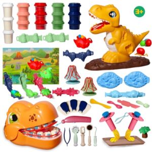 Merimon Dinosaur Color Dough Sets, Includes Dino Dentist Play Set, Tyrannosaurus Rex Set, Jungle Dinosaur Molds and Cans Non-Toxic of Modeling Clay for Ages 3+ Boys and Girls Gift (4 in 1-51 Pcs)