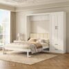MERITLINE Queen Size Murphy Bed with Storage Wardrobe Closet and Drawers, Wood Folding Farmhouse Murphy Wall Bed with Upholstered Headboard for Small Spaces Studio Study Office Guest Room, White