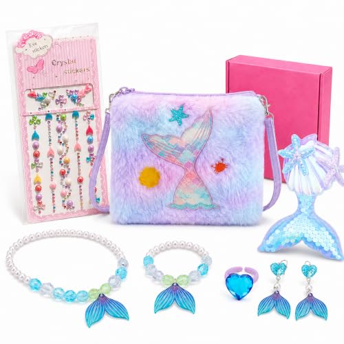 Mermaid Accessories for Girls, Mermaid Dress Up Accessories Set with Purse, Jewelry, Mirror Comb and Stickers, Princess Pretend Play Accessories for Birthday Party, Mermaid Gift for Girls Ages 3-12