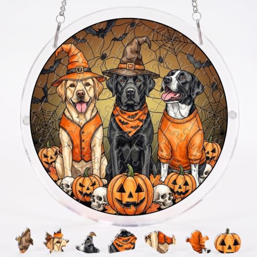 Mestart 83 Pieces Acrylic Puzzle Stained Glass Window Hanging, DIY Kit Moonlit Spooky Halloween Dog Jack O Pumpkin Skull Bat Decor, Home Garden Ornament Gift for Mom Women Family Friends 7.87 Inches