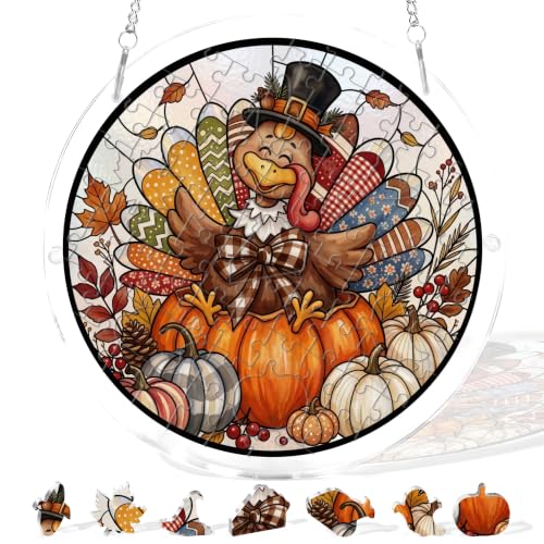 Mestart 83 Pieces Acrylic Puzzle Stained Glass Window Hanging, DIY Kit Moonlit Thanksgiving Turkey Fall Pumpkin Maple Leaf Decor, Home Garden Ornament for Mom Women Family Friends 7.87